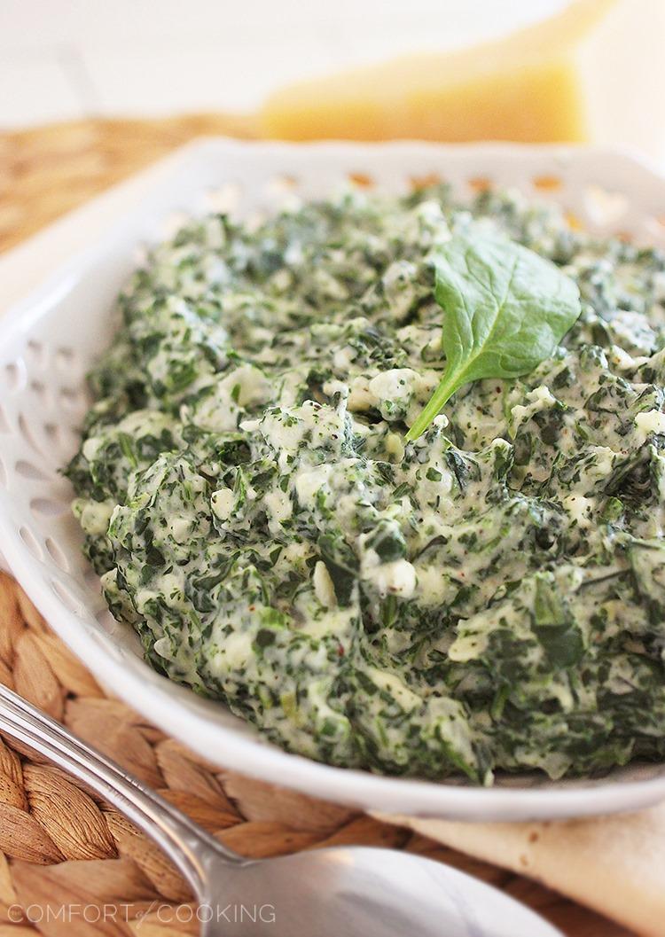 This skinnier take on creamed spinach tastes just as indulgent as the full-fat dish, with half the calories! Perfect for the side of a delicious steak dinner. 