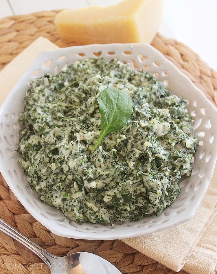 This skinnier take on creamed spinach tastes just as indulgent as the full-fat dish, with half the calories! Perfect for the side of a delicious steak dinner. 