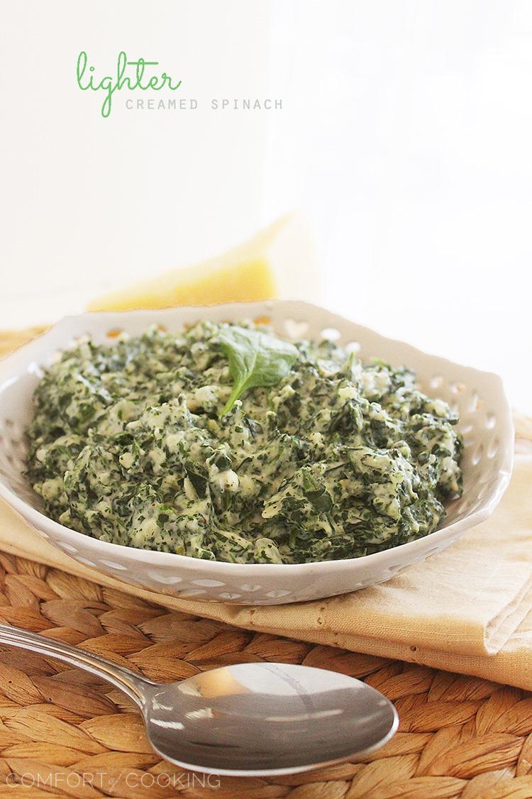 This skinnier take on creamed spinach tastes just as indulgent as the full-fat dish, with half the calories! Perfect for the side of a delicious steak dinner. 