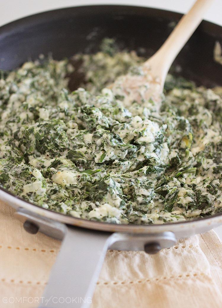 This skinnier take on creamed spinach tastes just as indulgent as the full-fat dish, with half the calories! Perfect for the side of a delicious steak dinner. 