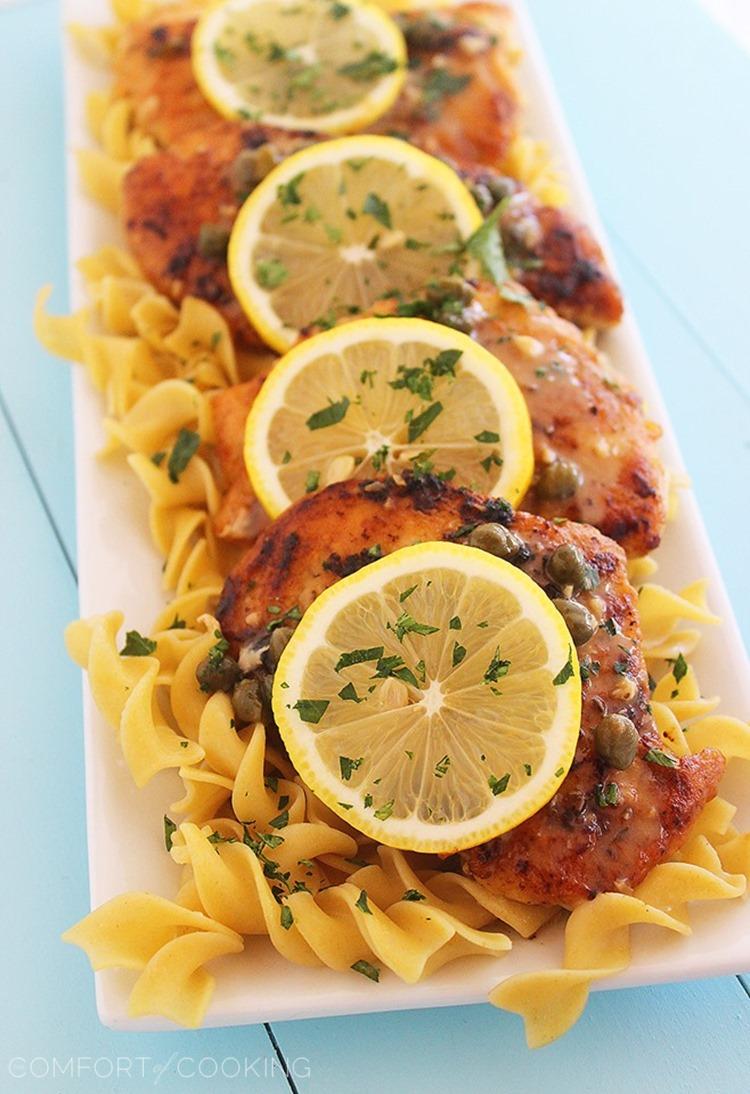 Skinny Lemon Chicken Piccata – Lighter twist on classic chicken piccata is full of zesty flavor and pairs perfectly with your favorite pasta and salad! | thecomfortofcooking.com