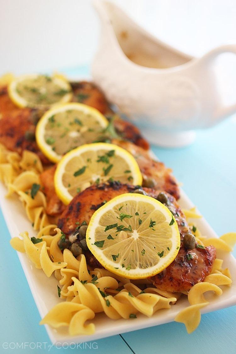 Skinny Lemon Chicken Piccata – Lighter twist on classic chicken piccata is full of zesty flavor and pairs perfectly with your favorite pasta and salad! | thecomfortofcooking.com