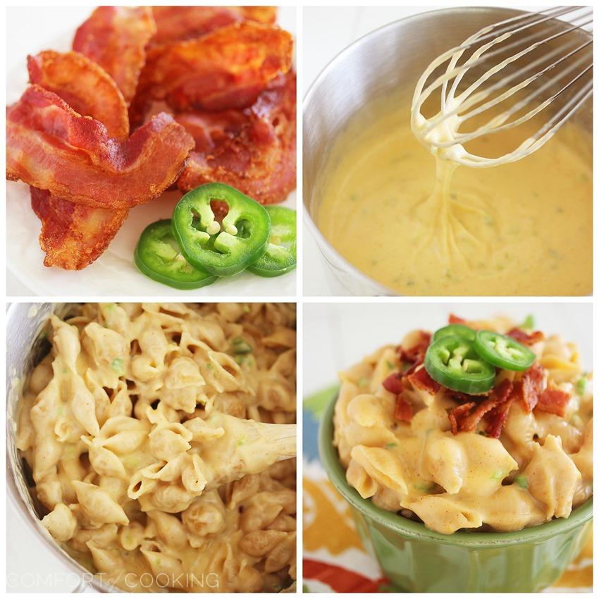 Creamy Stovetop Jalapeño-Bacon Mac ‘n Cheese – Creamy, smooth and delicious stovetop mac 'n cheese with jalapenos and bacon! Super easy, cheesy and made without ANY butter or oil. | thecomfortofcooking.com