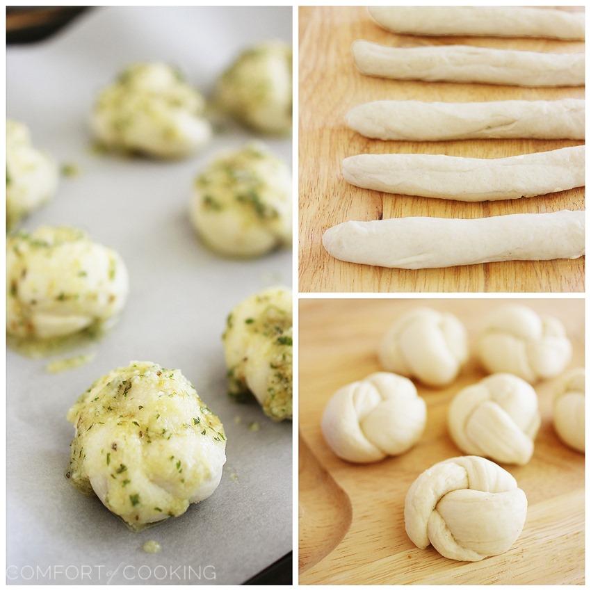 Quick & Easy Garlic Parmesan Knots – Fluffy soft, delicious garlic knots made in 10 minutes - just 3 ingredients (plus some spices) and no rising required. So easy! | thecomfortofcooking.com