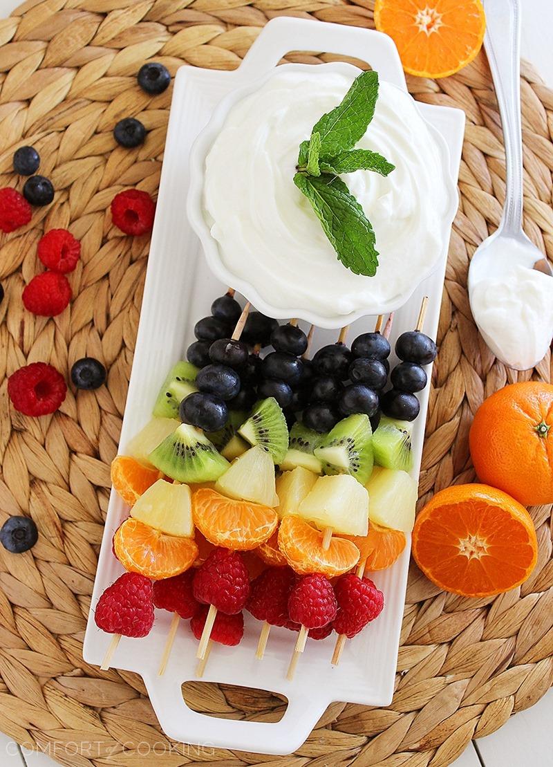 Rainbow Fruit Skewers with Vanilla-Honey Yogurt Dip – Fresh and colorful fruit skewers with a creamy honey-vanilla yogurt dip are perfect for healthy snacking and parties! | thecomfortofcooking.com