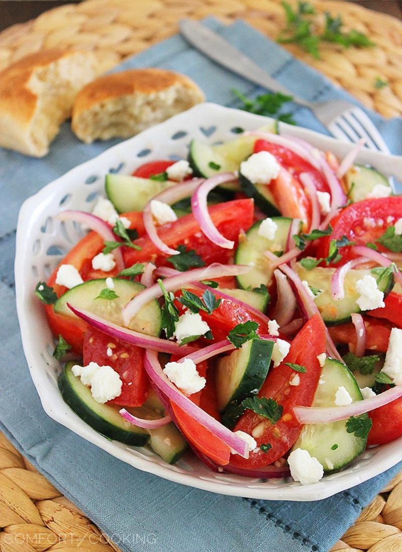Easy Tomato, Cucumber and Red Onion Salad – This colorful, fresh and tangy tomato-cucumber salad makes a scrumptious side to grilled meats and crusty bread! | thecomfortofcooking.com