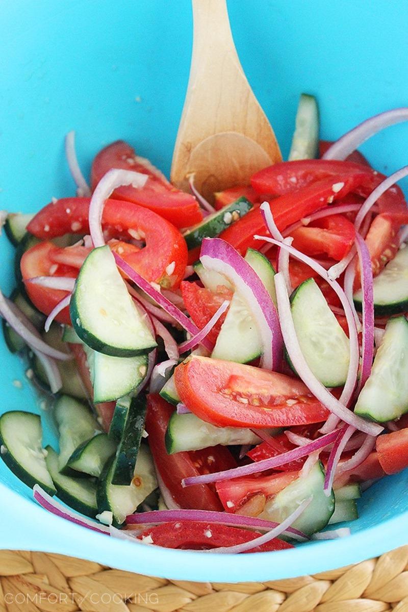 Easy Tomato, Cucumber and Red Onion Salad – This colorful, fresh and tangy tomato-cucumber salad makes a scrumptious side to grilled meats and crusty bread! | thecomfortofcooking.com