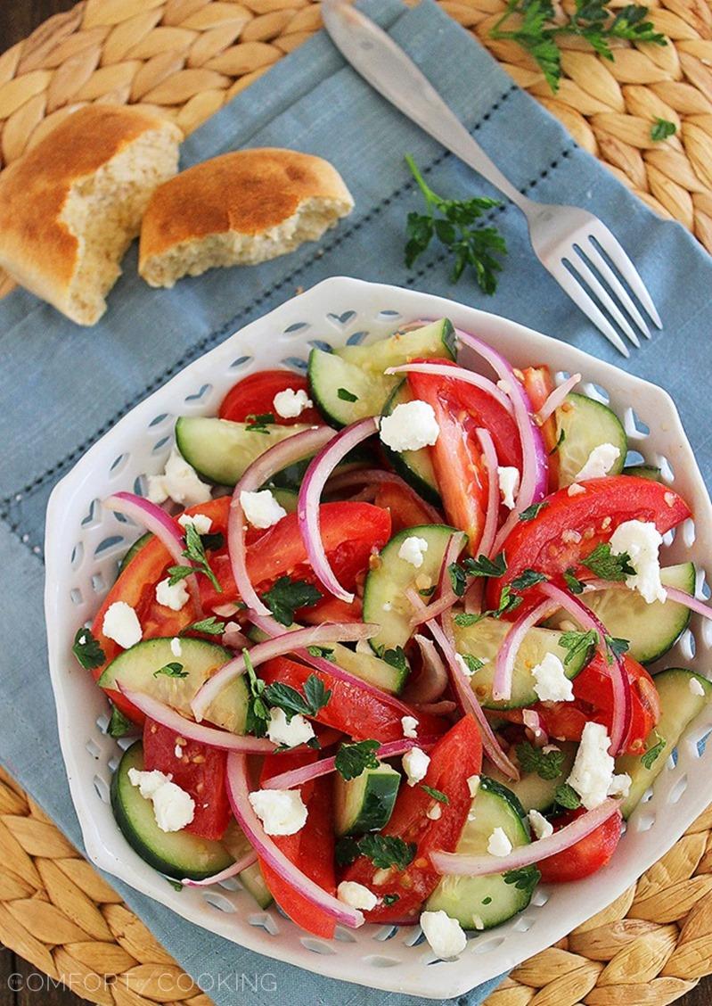 Easy Tomato, Cucumber and Red Onion Salad – This colorful, fresh and tangy tomato-cucumber salad makes a scrumptious side to grilled meats and crusty bread! | thecomfortofcooking.com