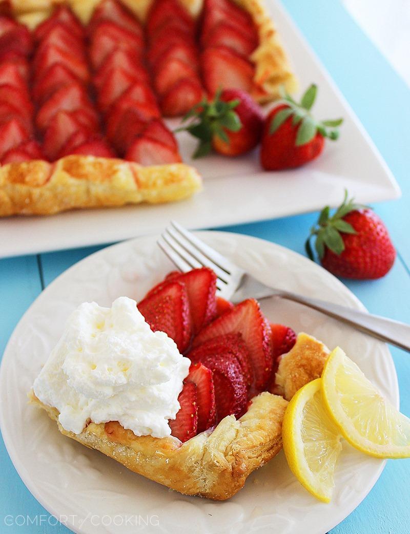 3-Ingredient Strawberry Tart with Lemon Whipped Cream – Just 3 ingredients and 10 minutes is all you need for a delicious, flaky puff pastry tart with fresh strawberries! | thecomfortofcooking.com