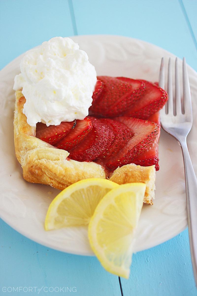 3-Ingredient Strawberry Tart with Lemon Whipped Cream – Just 3 ingredients and 10 minutes is all you need for a delicious, flaky puff pastry tart with fresh strawberries! | thecomfortofcooking.com