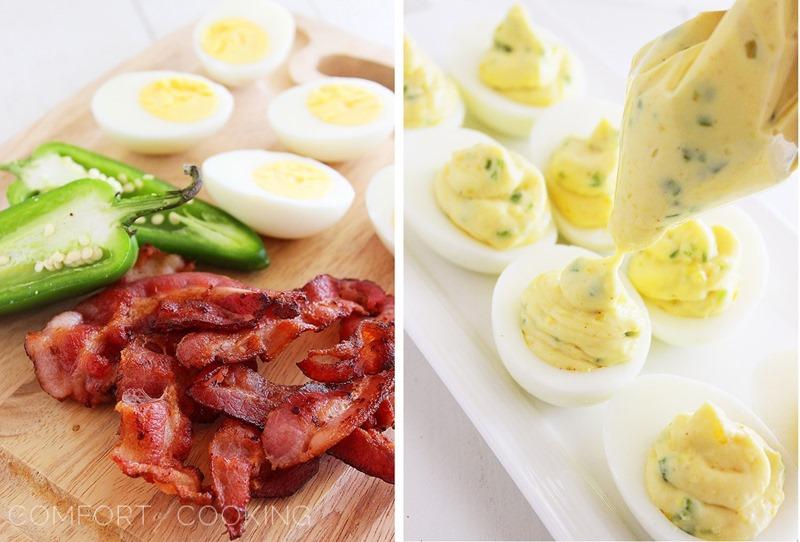 Bacon Jalapeño Deviled Eggs – Try this delicious twist on traditional deviled eggs. They're creamy, salty and scrumptious with a little kick from fresh jalapeño!| thecomfortofcooking.com