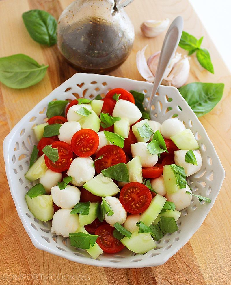 Chopped Cucumber Caprese Salad – This fresh, crisp caprese salad with cucumbers and an easy balsamic vinaigrette is my new favorite summer side. Serve with crusty bread! | thecomfortofcooking.com