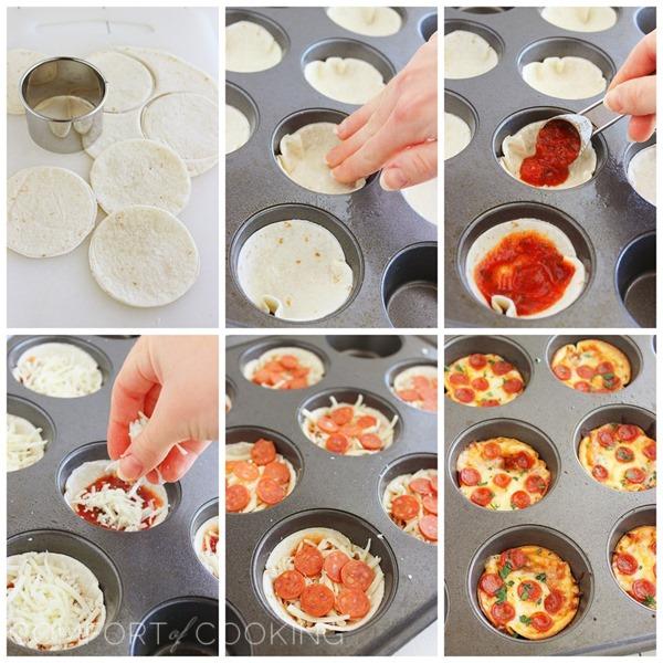 Easy Mini Tortilla Pizzas – These crisp and gooey pizzas just need 4 ingredients and 10 minutes. Bake 'til bubbly and golden in your muffin tin! | thecomfortofcooking.com