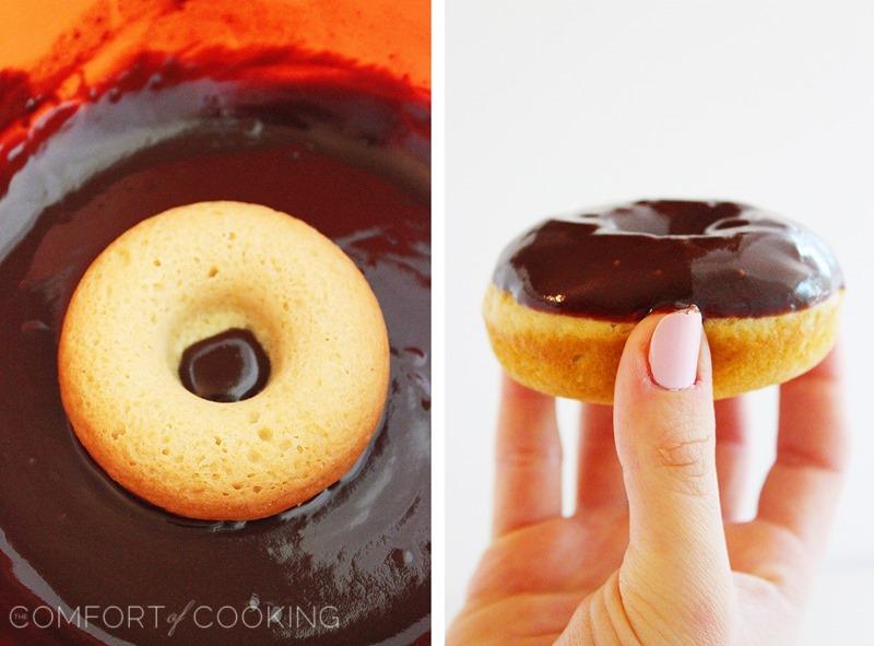 Fluffy Chocolate Frosted Donuts – These soft donuts are baked and not fried, but still taste extra indulgent for breakfast! Perfect with a cup of hot coffee. | thecomfortofcooking.com