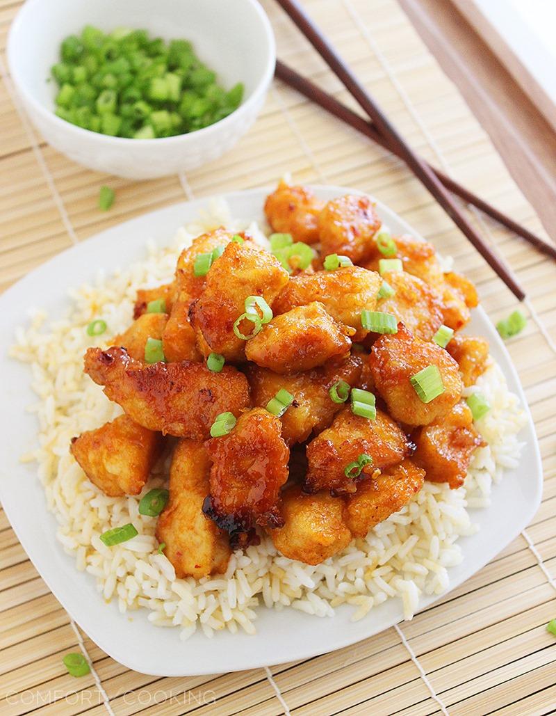 Sweet 'n Spicy Firecracker Chicken – Crispy, sticky and spicy chicken served over rice (or tossed with mixed Asian veggies) makes for a colorful and delish weeknight meal. | thecomfortofcooking.com