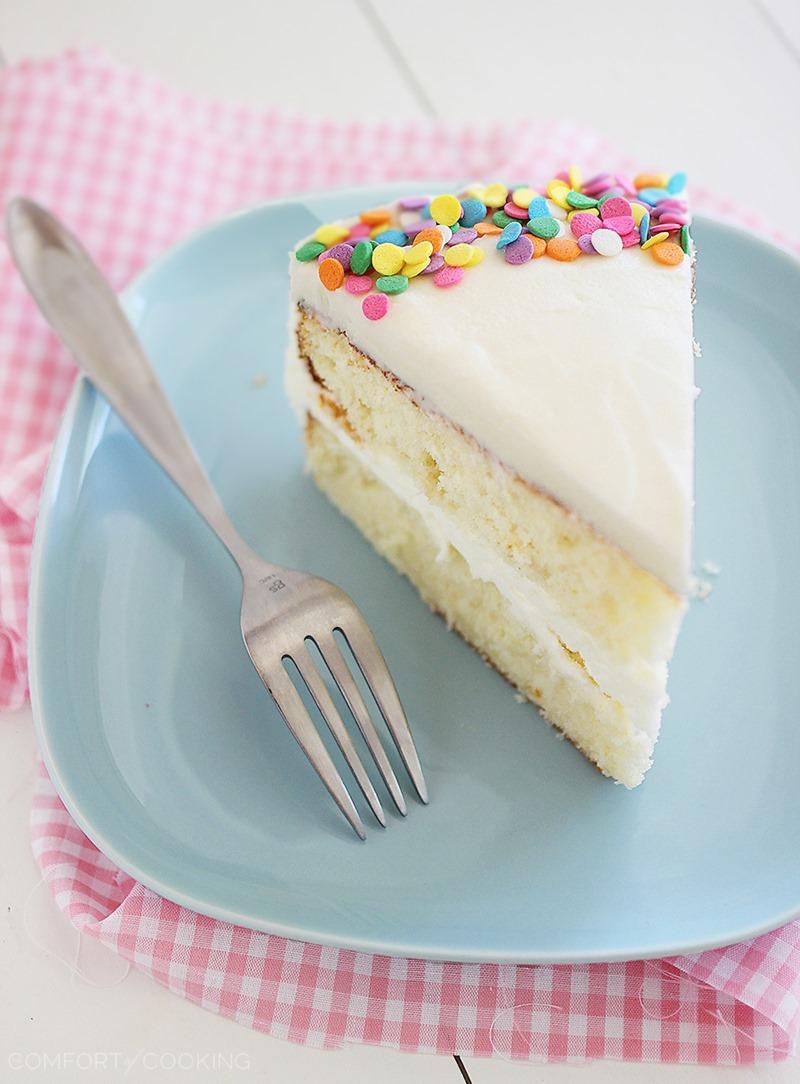 Yellow Birthday Cake with Vanilla Frosting – Hands down the best cake I've ever baked and eaten. You have to bake it to believe it! | thecomfortofcooking.com