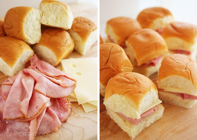 Baked Ham and Swiss Sliders – These hot, cheesy baked ham and Swiss sliders with a buttery mustard sauce are an easy hit for weeknight meals, weekend parties and lazy brunches in! | thecomfortofcooking.com