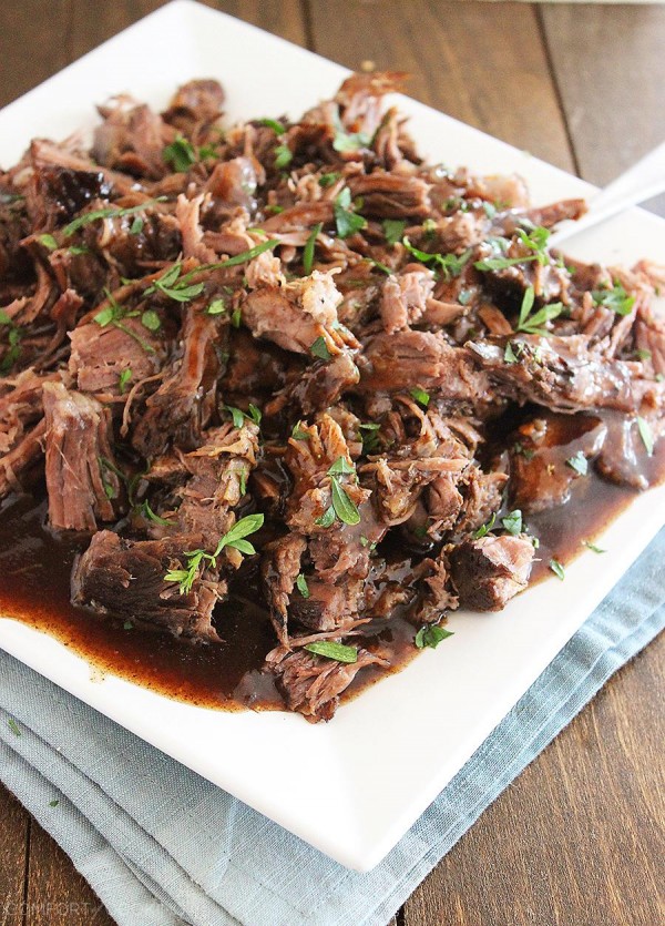 Slow Cooker Balsamic Glazed Roast Beef – This tangy, sweet and salty beef roast makes for one mouthwatering meal on a bun, or served on top of fluffy mashed potatoes! | thecomfortofcooking.com