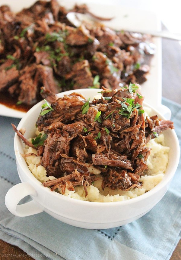 Slow Cooker Balsamic Glazed Roast Beef – This tangy, sweet and salty beef roast makes for one mouthwatering meal on a bun, or served on top of fluffy mashed potatoes! | thecomfortofcooking.com