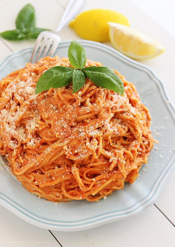 3-Ingredient Creamy Tomato Angel Hair Pasta – This creamy, saucy and scrumptious pasta only needs 15 minutes and 3 ingredients to make! thecomfortofcooking.com