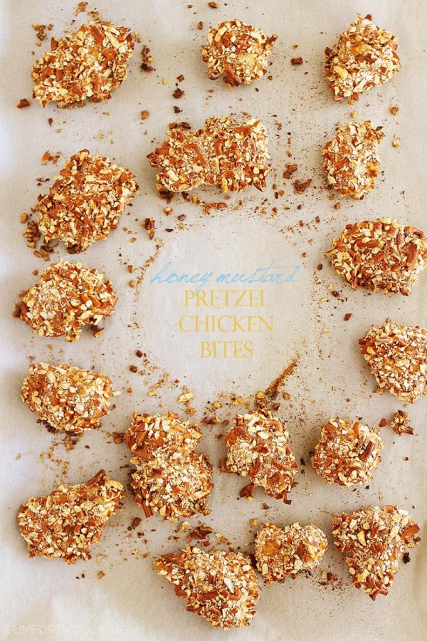 Honey Mustard Pretzel Chicken Bites – These crispy, tender honey mustard chicken bites are coated with crushed pretzels and make a delicious meal or party bite! | thecomfortofcooking.com