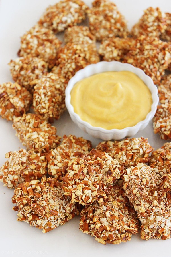 Honey Mustard Pretzel Chicken Bites – These crispy, tender honey mustard chicken bites are coated with crushed pretzels and make a delicious meal or party bite! | thecomfortofcooking.com