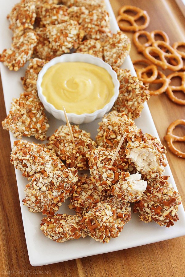 Honey Mustard Pretzel Chicken Bites – These crispy, tender honey mustard chicken bites are coated with crushed pretzels and make a delicious meal or party bite! | thecomfortofcooking.com