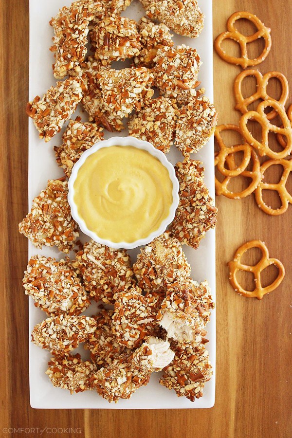 Honey Mustard Pretzel Chicken Bites – These crispy, tender honey mustard chicken bites are coated with crushed pretzels and make a delicious meal or party bite! | thecomfortofcooking.com