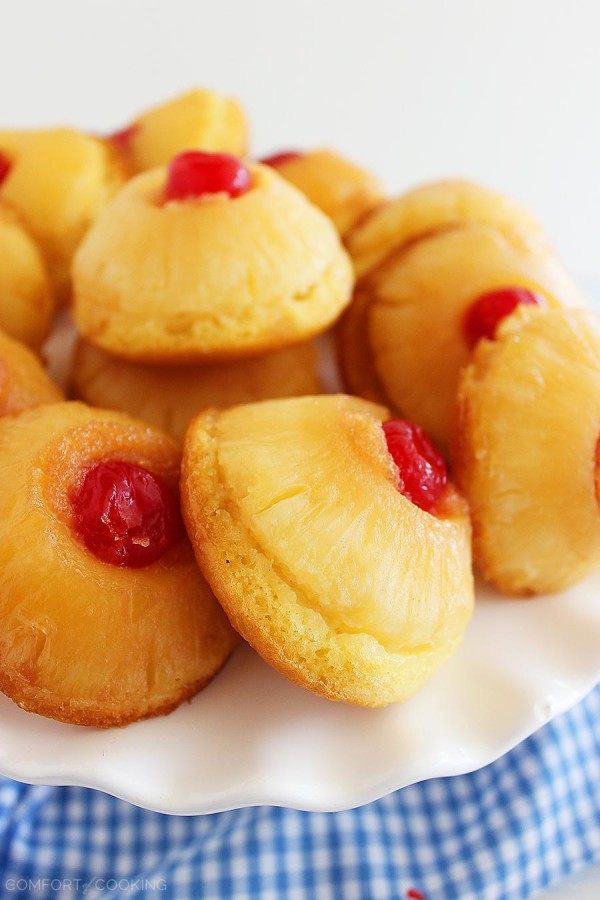 Mini Pineapple Upside Down Cakes – Made skinny! Easy mini pineapple upside down cakes with butter, brown sugar, and a cherry on top... and only 184 calories each! | thecomfortofcooking.com