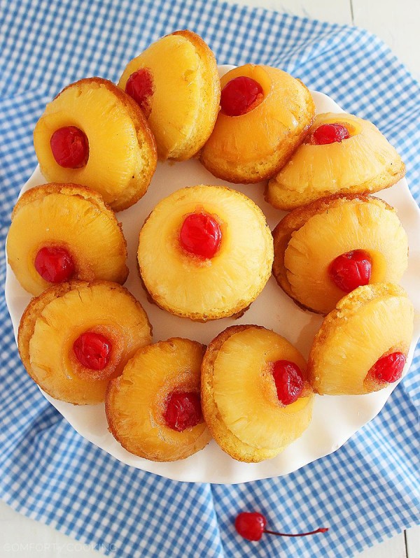 Mini Pineapple Upside Down Cakes – Made skinny! Easy mini pineapple upside down cakes with butter, brown sugar, and a cherry on top... and only 184 calories each! | thecomfortofcooking.com