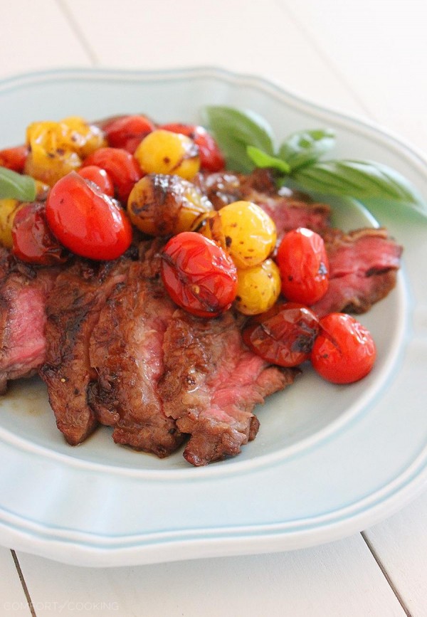 Skillet Skirt Steak with Balsamic Cherry Tomatoes – Tender skirt steak with sweet, tangy tomatoes makes for a mouthwatering homemade meal with restaurant-quality flavor! | thecomfortofcooking.com