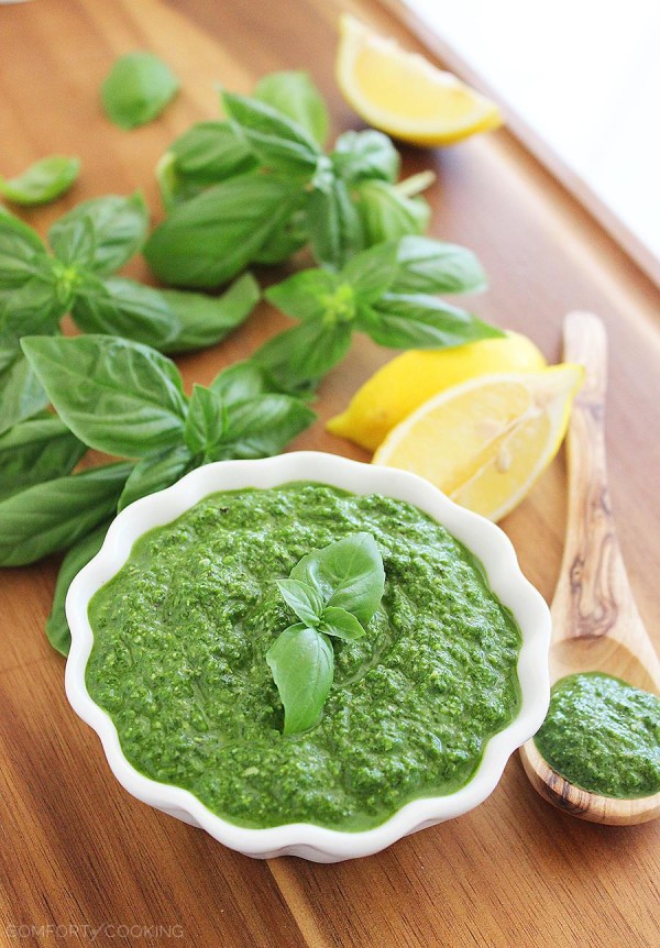 Spinach Basil Pesto – This easy, nut-free pesto pairs perfectly with grilled meats and veggies, sandwiches, and pastas! | thecomfortofcooking.com