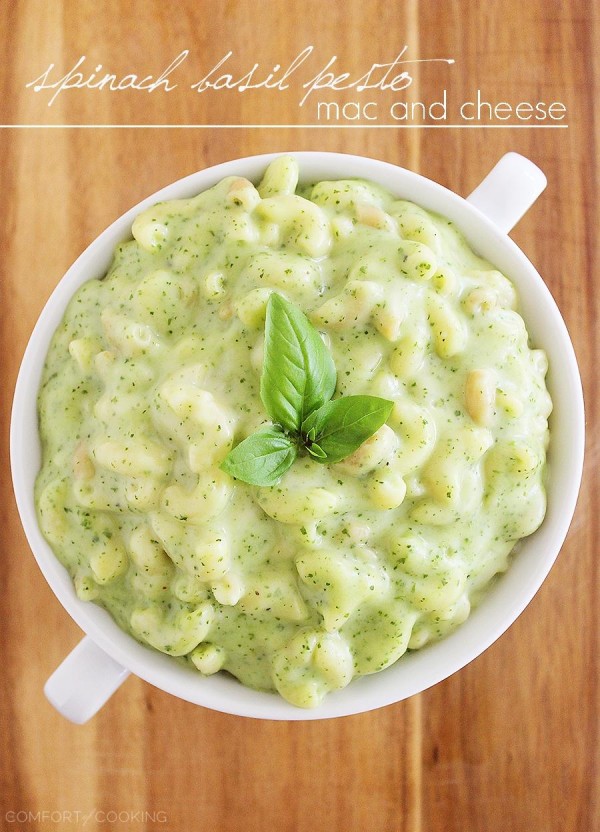 Stovetop Spinach Basil Pesto Mac and Cheese – Try this fresh take on traditional creamy, gooey macaroni and cheese... with basil pesto! It’s so delicious!| thecomfortofcooking.com