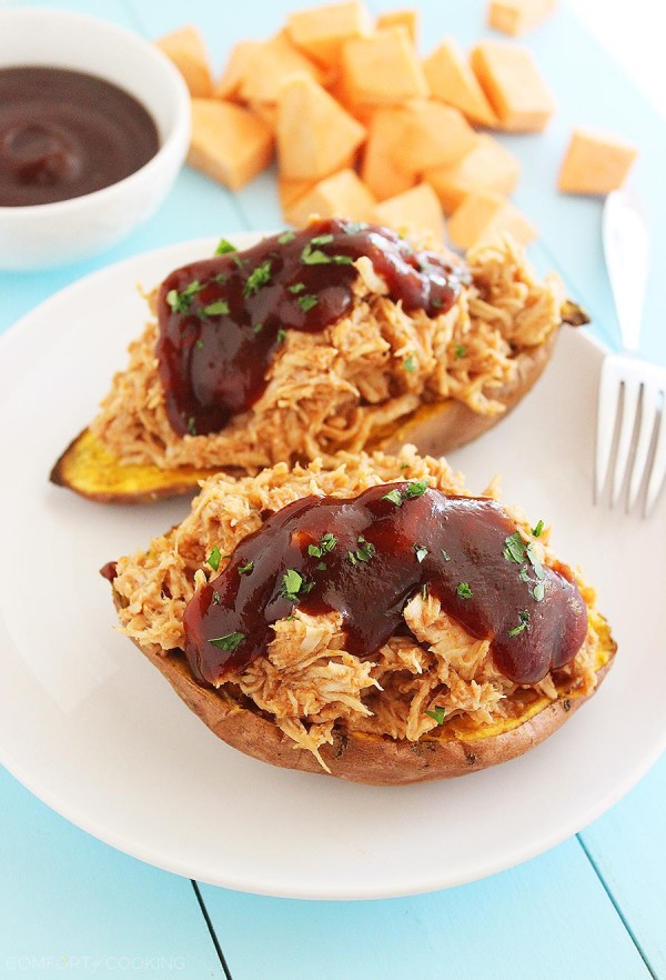 3-Ingredient BBQ Chicken Stuffed Sweet Potatoes – Tender sweet potatoes stuffed with shredded BBQ chicken make the most mouthwatering meal! Just 3 ingredients and 30 minutes. | thecomfortofcooking.com
