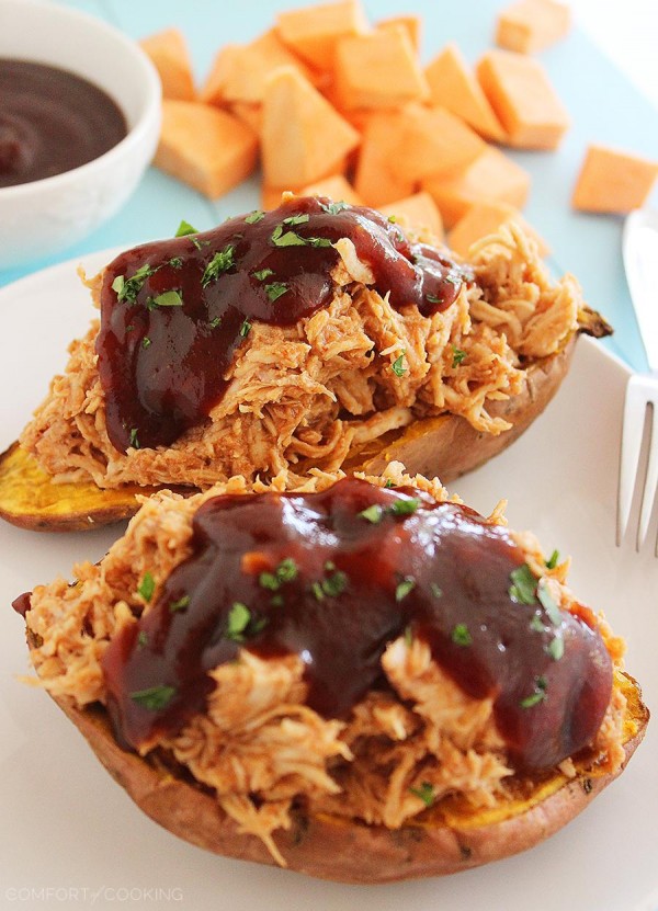 3-Ingredient BBQ Chicken Stuffed Sweet Potatoes – Tender sweet potatoes stuffed with shredded BBQ chicken make the most mouthwatering meal! Just 3 ingredients and 30 minutes. | thecomfortofcooking.com