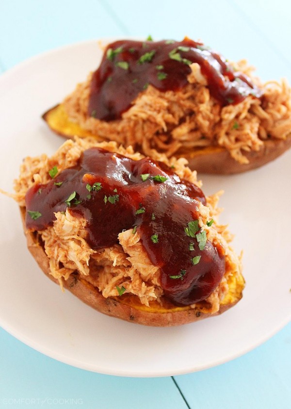 3-Ingredient BBQ Chicken Stuffed Sweet Potatoes – Tender sweet potatoes stuffed with shredded BBQ chicken make the most mouthwatering meal! Just 3 ingredients and 30 minutes. | thecomfortofcooking.com