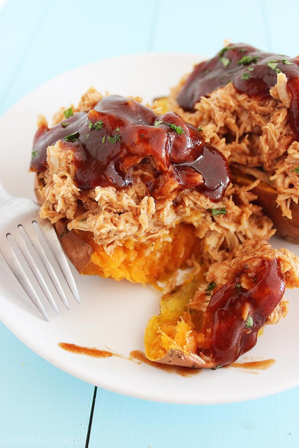 3-Ingredient BBQ Chicken Stuffed Sweet Potatoes – Tender sweet potatoes stuffed with shredded BBQ chicken make the most mouthwatering meal! Just 3 ingredients and 30 minutes. | thecomfortofcooking.com