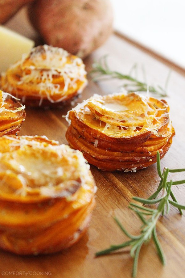 Crispy Parmesan-Rosemary Sweet Potato Stacks – These crisp, buttery Parmesan-rosemary sweet potato stacks are SO delicious and only need 4 ingredients! | thecomfortofcooking.com