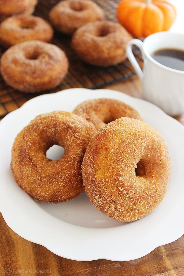 Cinnamon-Sugar Spiced Pumpkin Pie Donuts – These soft, fluffy cinnamon-sugar pumpkin donuts are baked not fried, but still taste totally indulgent! | thecomfortofcooking.com