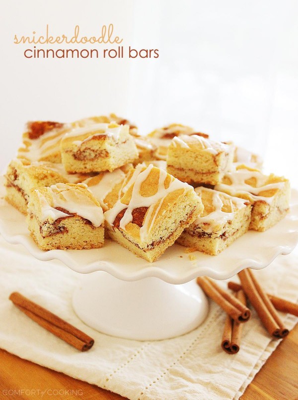 Snickerdoodle Cinnamon Roll Bars – These soft, chewy snickerdoodle bars taste like a cinnamon roll, cookie and blondie all in one!| thecomfortofcooking.com