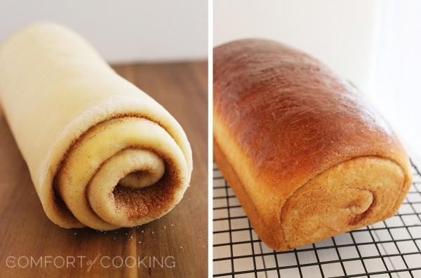 Soft Cinnamon Swirl Bread – Slice into a loaf of warm cinnamon-spiced swirl bread with your morning coffee! This easy recipe bakes two loaves. | thecomfortofcooking.com