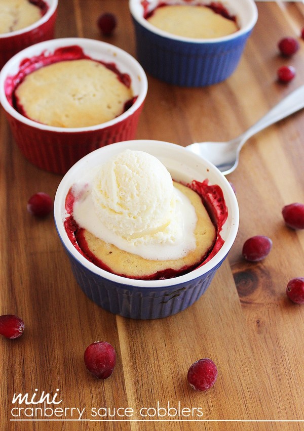 Mini Cranberry Sauce Cobblers – Scoop leftover cranberry sauce/relish into ramekins for easy mini cranberry cobblers. The quick & easy topping is fluffy and cakey! | thecomfortofcooking.com