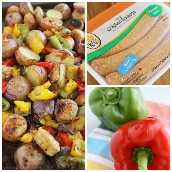 Roasted Chicken Sausage, Peppers and Potatoes – We are addicted to this sausage, potato and pepper dish! It's a healthy, colorful and protein-packed pan full of deliciousness and so easy to make. Just chop, toss and roast. Dinner is done! | thecomfortofcooking.com