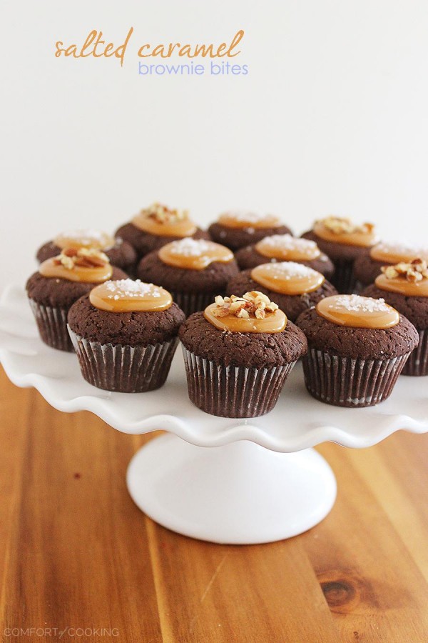 Salted Caramel Brownie Bites – Bake a batch of mini chocolaty Salted Caramel Brownie Bites for your next party! So easy, adorable and totally unique for a two-bite treat. Top them with what you like, but I'm partial to pecans and sea salt!| thecomfortofcooking.com