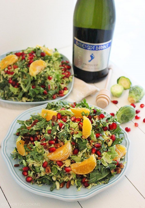 Brussels Sprout Winter Salad with Lemon Champagne Vinaigrette – This healthy, fresh and colorful winter salad is perfect for holidays and weeknights! Shaved Brussels sprouts, chopped kale and pecans, juicy oranges and pomegranate seeds and a lemon-champagne vinaigrette. | thecomfortofcooking.com