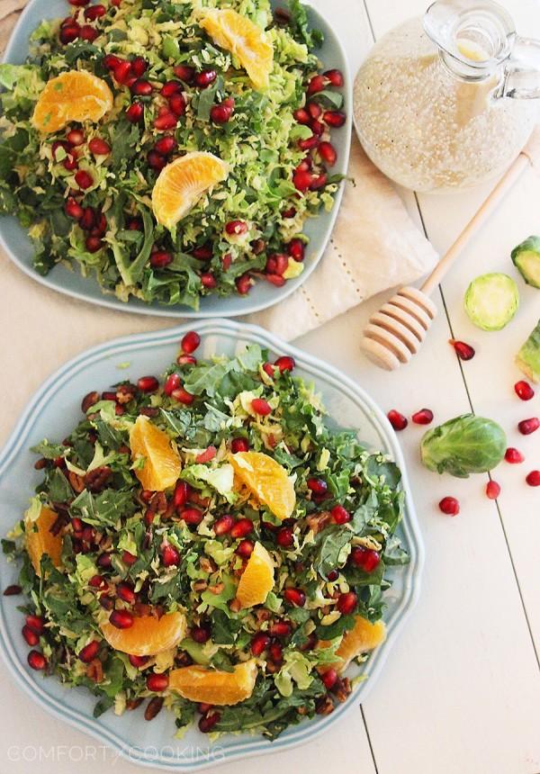 Brussels Sprout Winter Salad with Lemon Champagne Vinaigrette – This healthy, fresh and colorful winter salad is perfect for holidays and weeknights! Shaved Brussels sprouts, chopped kale and pecans, juicy oranges and pomegranate seeds and a lemon-champagne vinaigrette. | thecomfortofcooking.com