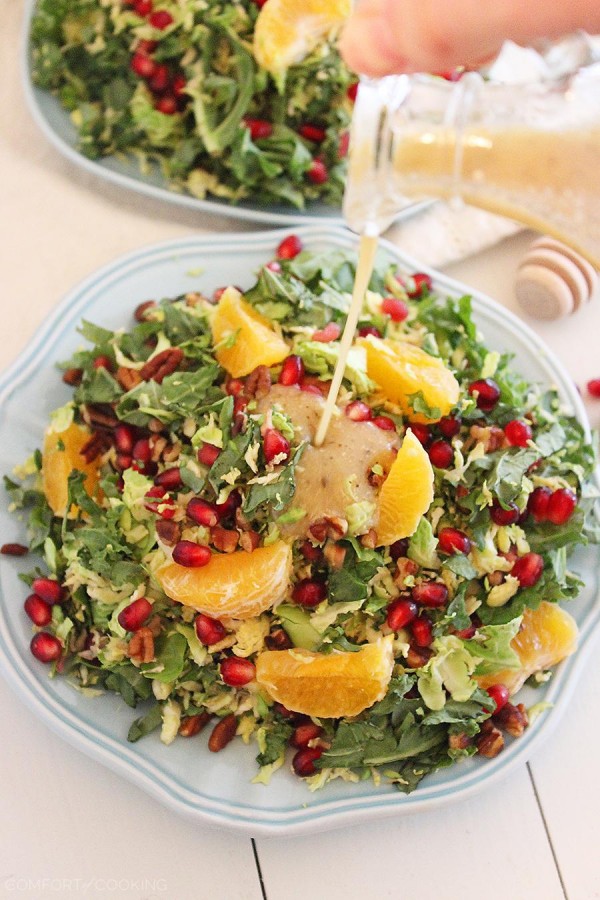 Brussels Sprout Winter Salad with Lemon Champagne Vinaigrette – This healthy, fresh and colorful winter salad is perfect for holidays and weeknights! Shaved Brussels sprouts, chopped kale and pecans, juicy oranges and pomegranate seeds and a lemon-champagne vinaigrette. | thecomfortofcooking.com