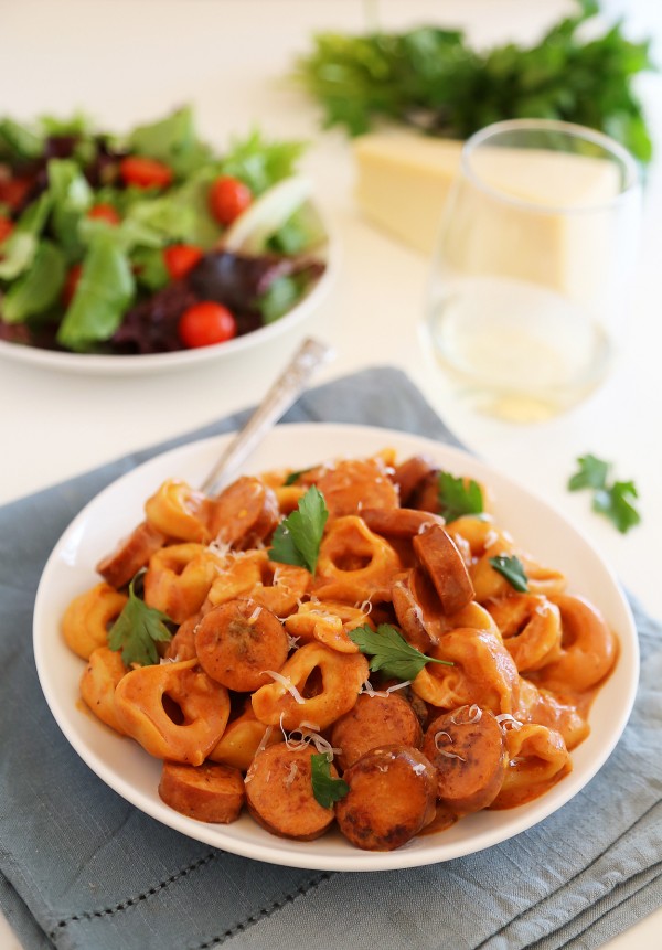 Creamy Smoked Sausage Tortellini - This 7-ingredient skillet meal is SO easy, quick and delicious for weeknights! | thecomfortofcooking.com