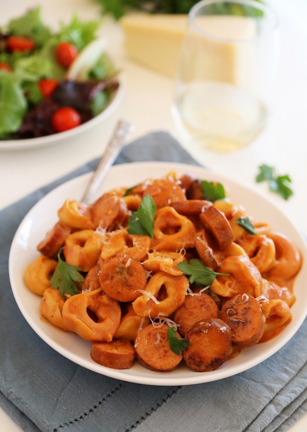 Creamy Smoked Sausage Tortellini - This 7-ingredient skillet meal is SO easy, quick and delicious for weeknights! | thecomfortofcooking.com