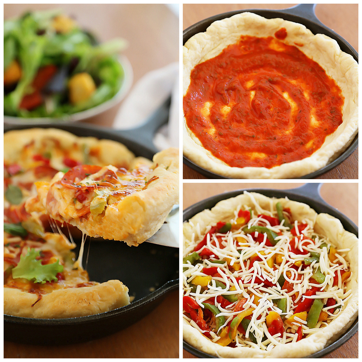 Easy Skillet Deep Dish Pizza – Saucy, gooey deep dish pizza made easily in one skillet! Thecomfortofcooking.com